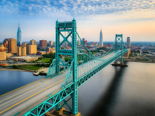 Teal Suspension Bridge Spans Calm River with Cityscape and Scenic Sunset Glow Beautifully