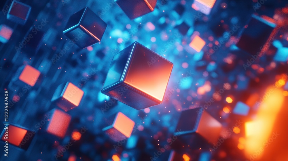 Poster abstract 3d cubes floating in a luminous blue and orange particle field