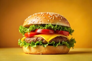 A mouthwatering sesame seed bun hamburger with melted cheese, crisp lettuce, and juicy tomato slices, perfectly presented against a vibrant yellow background