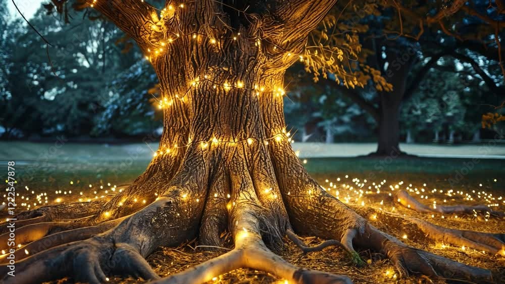 Aufkleber twinkling lights wrap around a majestic tree trunk and roots, casting a warm glow on a serene evenin