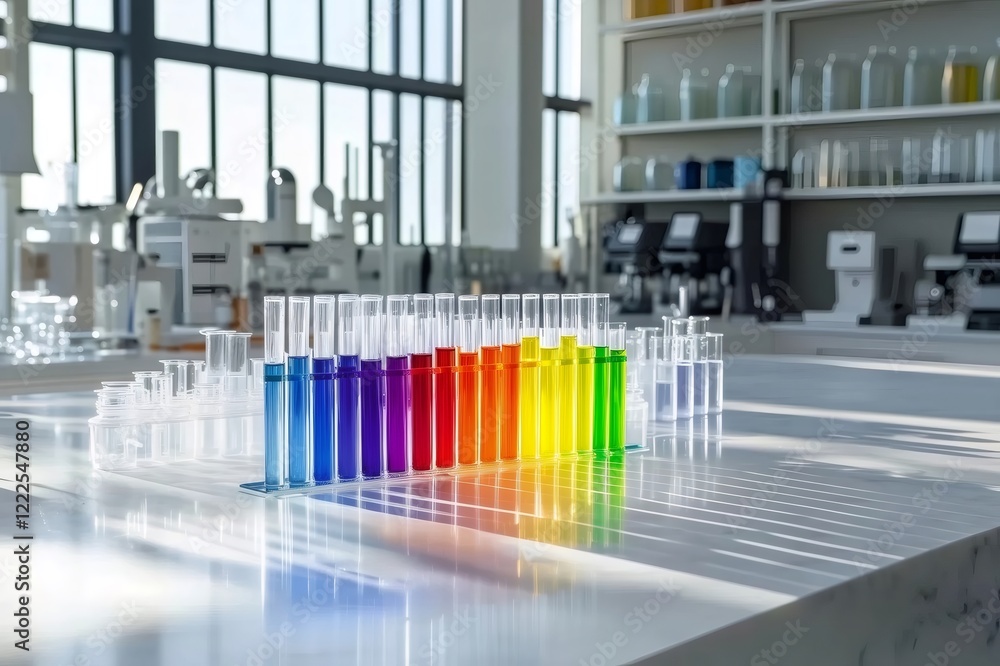Aufkleber test tubes containing colorful liquids forming a rainbow gradient are standing on a laboratory table
