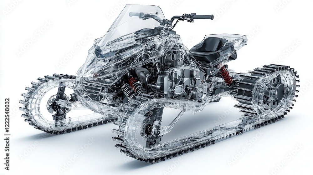 Poster transparent snowmobile 3d rendering showing internal mechanisms and track system isolated on white b