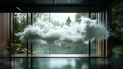 Cloud indoors, modern home, forest view, rainy day, serene atmosphere, interior design