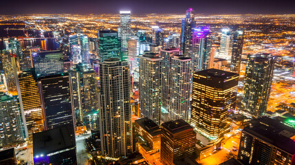 Illuminated Cityscape at Night: Skyscrapers and Urban Lights Dazzle Brightly Across the Vast Metropolitan Area