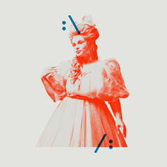 Elegant medieval woman, royal person in vintage dress with abstract graphic symbols meaning...