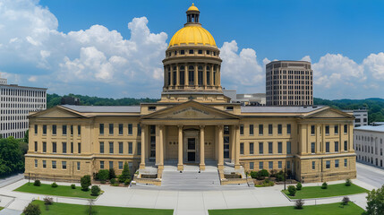 Obraz premium Majestic Building with Golden Dome Stands Tall Against a Cloudy Blue Sky in a Cityscape.