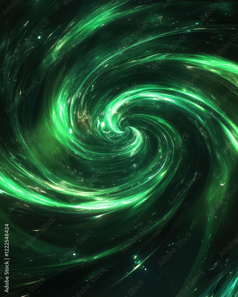 Poster swirling emerald nebula abstract background with glowing light streams and sparkles.