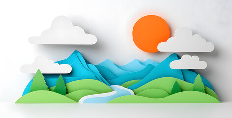 Fototapeta premium Landscape with mountains and sea waves in paper cut style