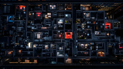Aerial View of Illuminated City Buildings at Night Shows Apartments and Rooftops
