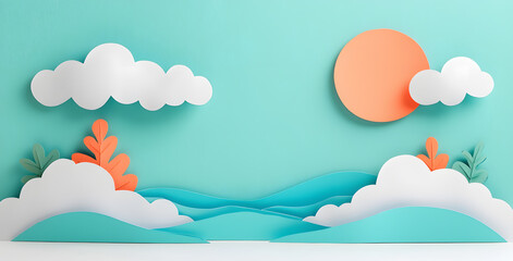 Fototapeta premium Landscape with mountains and sea waves in paper cut style