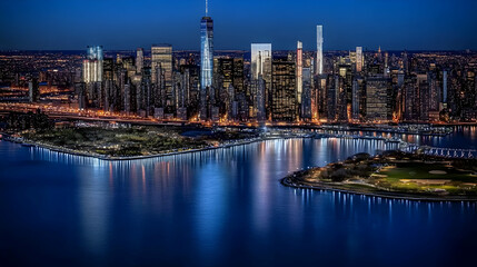 Fototapeta premium Cityscape Reflects on Water at Night with illuminated Buildings and a Dark Blue Sky