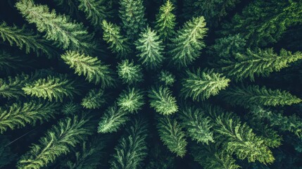 Aerial View of a Lush Evergreen Forest Canopy, Moody Atmospheric Green Texture.