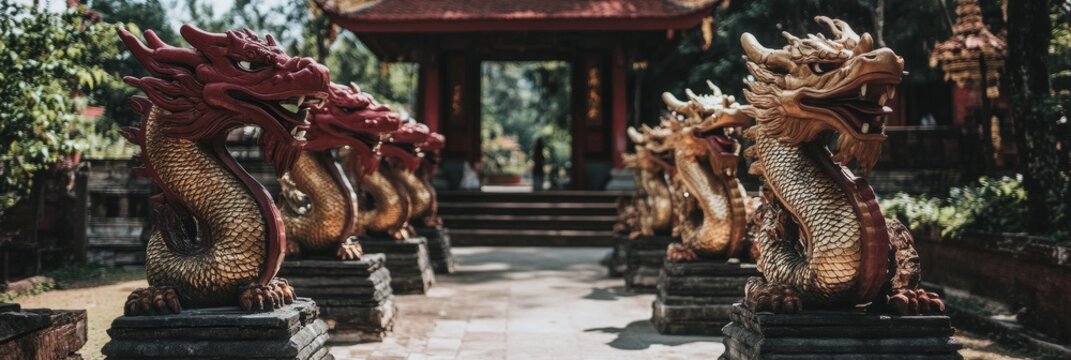 Ornate Golden Dragon Statues in Serene Asian Temple Setting