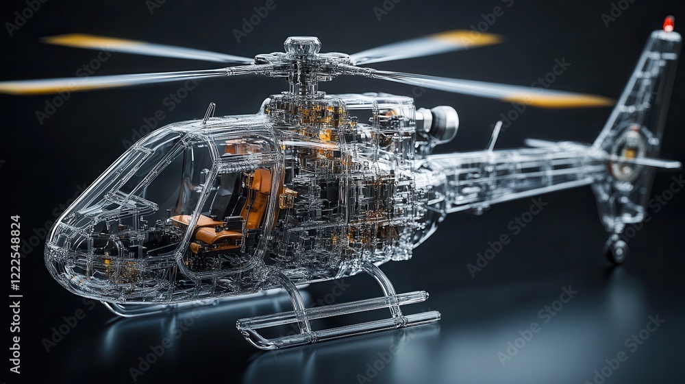 Aufkleber intricate transparent helicopter model with visible internal mechanisms on dark background.
