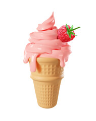 Raspberry ice cream melt and flow down waffle cone vector illustration. Waffle cone with 3d pink swirl of soft serve ice cream and fresh berries. Summer dessert food realistic