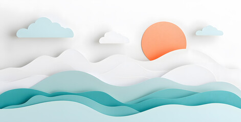 Landscape with mountains and sea waves in paper cut style