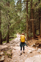 Woman tourist traveler walking along hiking trails in the mountains among forests and cliffs....
