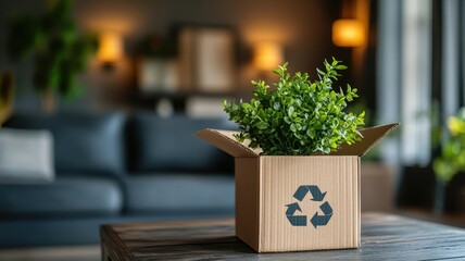 Recycling action cardboard box with recycle symbol living room plant decor indoor environment close-up view