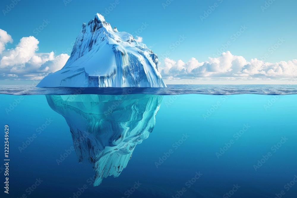 Poster iceberg floating in the ocean, revealing a small tip above water and a large hidden part underwater,