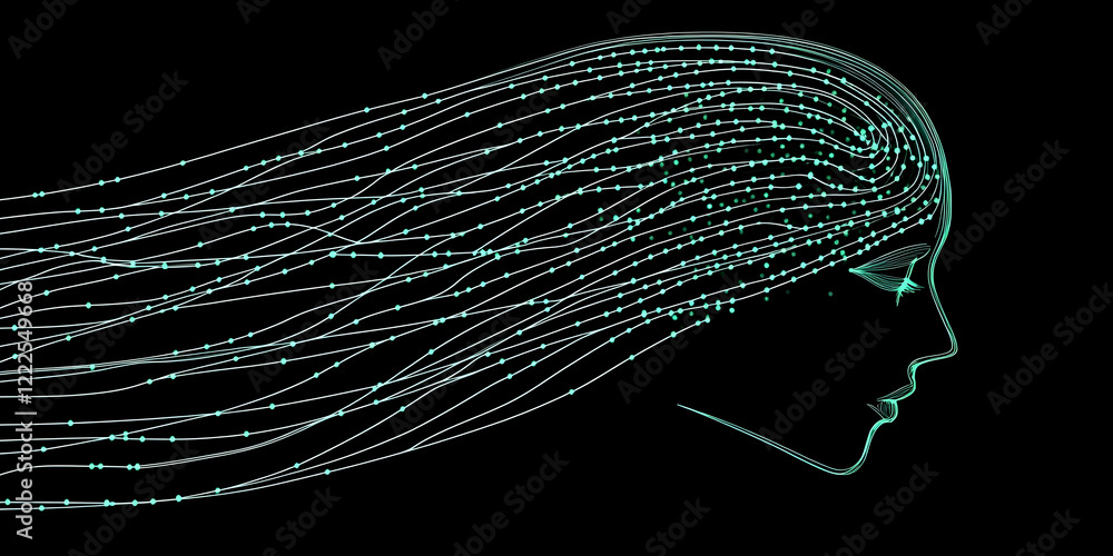 Poster abstract woman's profile with flowing lines and dots creates a sense of movement and energy on a dar