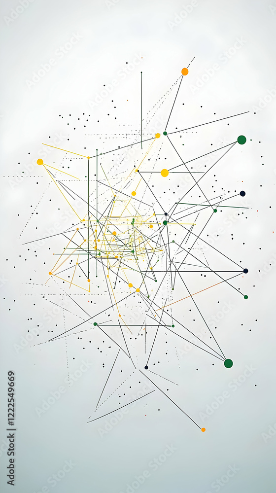 Poster abstract network illustration displays interconnected lines, dots, and colorful circles on a subtle 