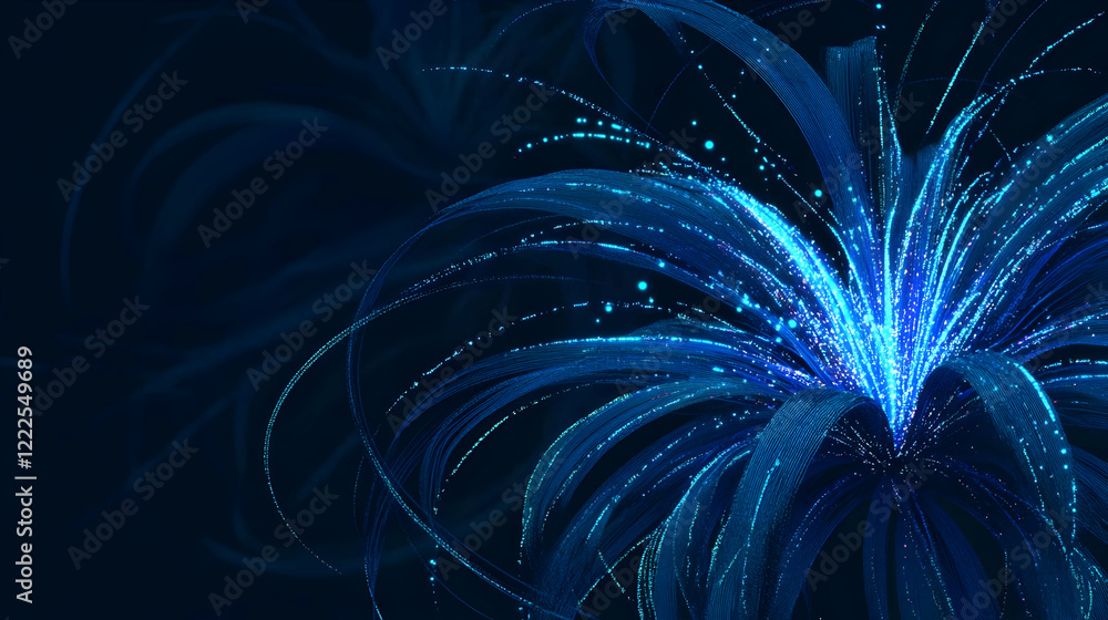 Poster abstract blue light streaks radiate dynamically on a dark background with glowing particles