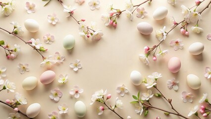 Fototapeta premium Pastel Eggs and Delicate Spring Blossoms Arranged on a Soft Beige Background, Creating a Festive and Elegant Composition Perfect for Springtime Celebrations