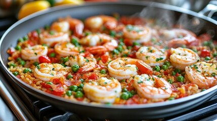 A vibrant dish of shrimp paella simmers on a stovetop, showcasing plump shrimp, peas, and colorful tomatoes. Steam rises from the flavorful rice, highlighting the inviting atmosphere of the kitchen