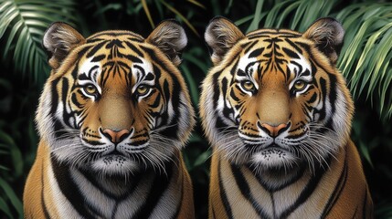 Two majestic tigers sit side by side in a vibrant green forest. Their striking fur patterns blend beautifully with the surrounding tropical foliage, showcasing their power and elegance