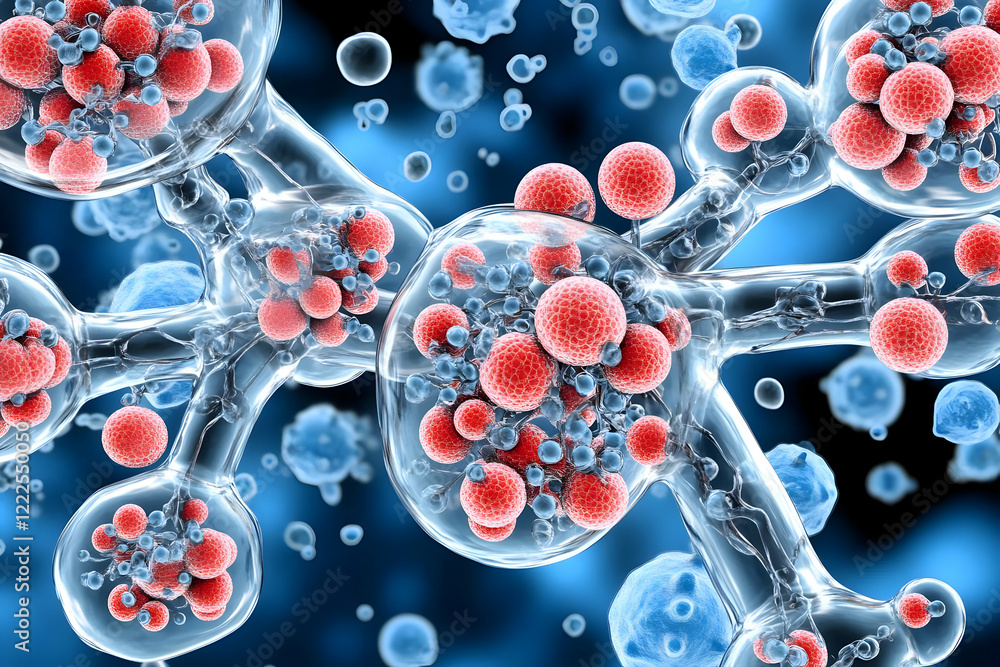 Aufkleber microscopic view of cells showing red and blue spheres connected by translucent structures