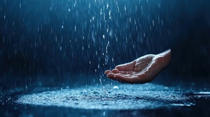 Fototapeta premium Gentle Rain Falling on Outstretched Hand, Capturing the Beauty and Tranquility of Nature's Elements
