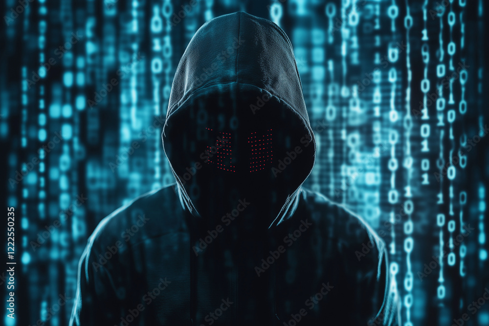 Poster person is wearing a hoodie and standing in front of a computer screen with a lot of numbers. concept