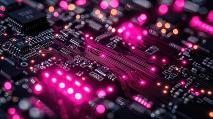 Obraz premium Illuminated Circuit Board Displays Complex Electronics