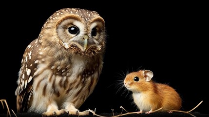 Confrontation on Black Inquisitive Owl and Tiny Mouse in a Moment of Tension, Studio Portrait.