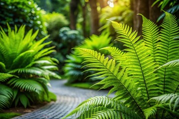 Fototapeta premium Lush Green Ferns and Winding Stone Path in a Serene Garden Setting