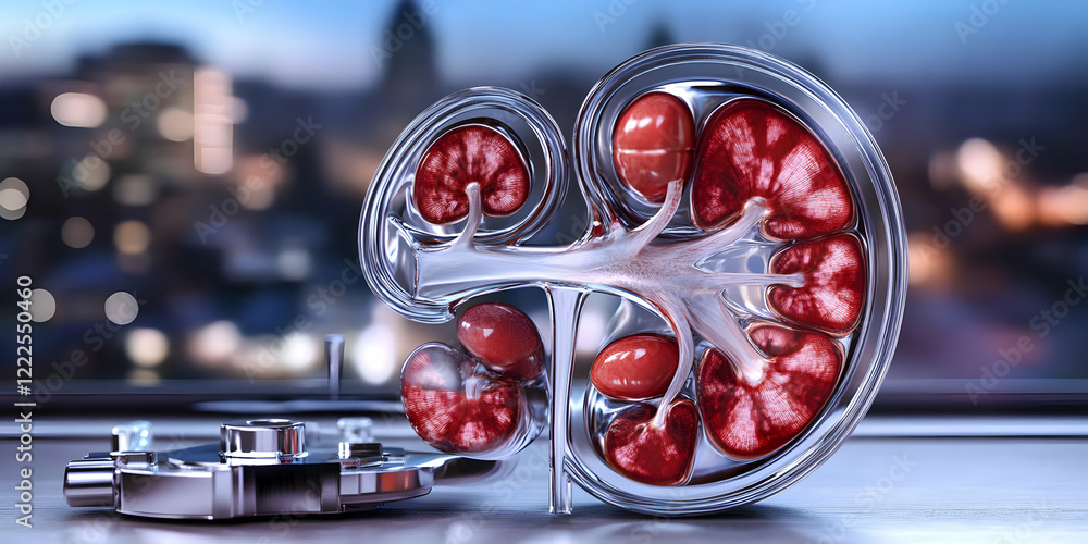 Poster glass kidney model shows internal structure and renal function with city bokeh background