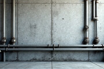 industrial grey concrete wall with metal pipes , concrete wall, industrial background, steel