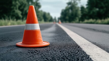 Bright Traffic Cone on a Freshly Paved Road with Soft Focus Background of Trees and Overcast Sky