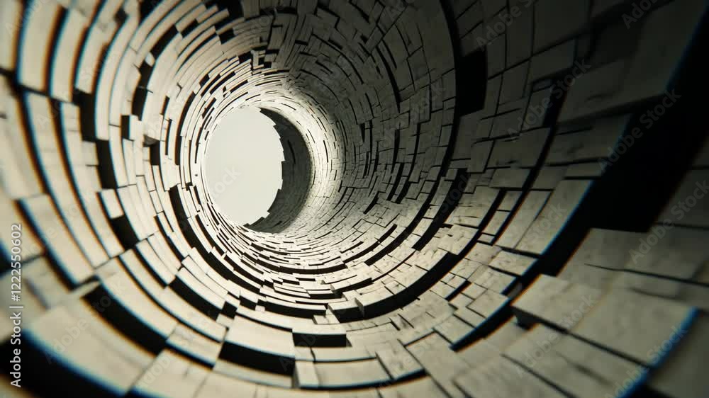 Poster visual exploration of a cylindrical tunnel featuring geometric patterns and a luminous center, creat