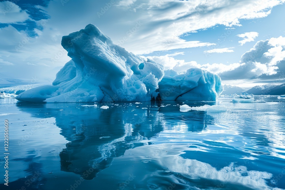 Poster large iceberg floating in the ocean reflecting on calm water under blue sky with mountains and cloud
