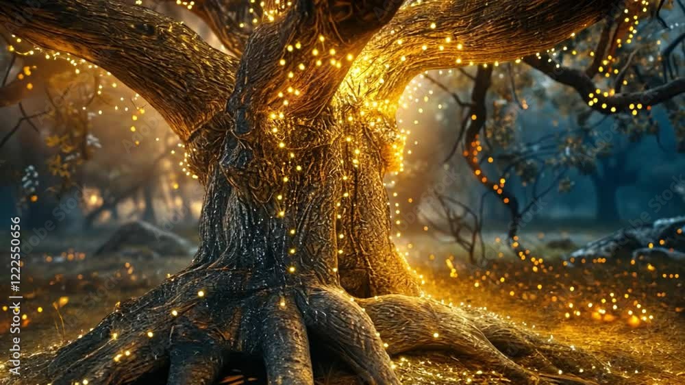Poster A magnificent tree with a textured trunk and sprawling roots is lit by glowing orbs, set in a mystical forest at twilight. The atmosphere is both magical and serene, inviting exploration.