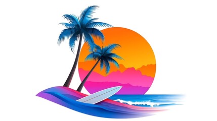 Obraz premium Vibrant Tropical Sunset With Palm Trees And Surfboard