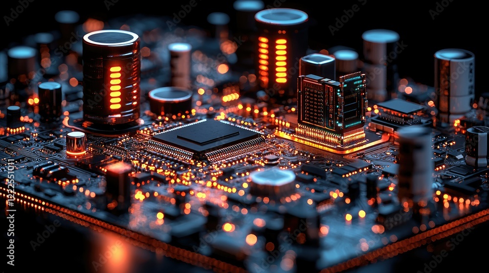 Poster illuminated circuit board showing advanced computer components