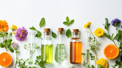 Colorful arrangement of essential oils in glass vials surrounded by fresh herbs and citrus fruits