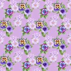 Seamless pattern with watercolor wreath of violet spring, summer flowers on lilac. Perfect for textile, fabric, wrapping, bedding, design paper, backdrop, wall hanging, wallpaper, scrapbooking