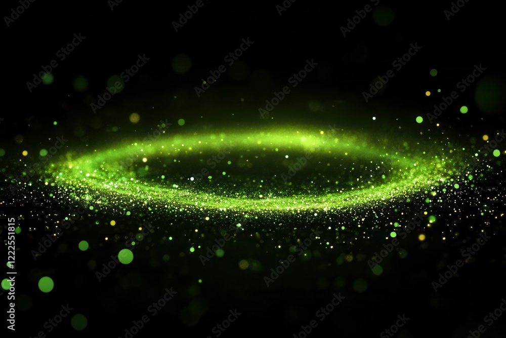 Poster abstract green glitter circle particle ring on black background with bokeh effects.