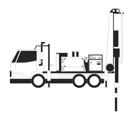 Water well drilling rig with truck and machinery black and white 2D line object. Groundwater extraction. Industrial equipment isolated clip art vector outline item. Monochromatic spot illustration