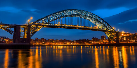Naklejka premium Illuminated Arch Bridge Spans Tranquil River Reflecting City Lights at Twilight