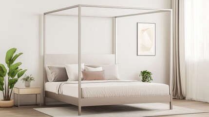Furniture trendy and minimal innovative, A modern, minimalist four-poster bed in a bright, stylish bedroom with soft textiles and plants, creating a serene and inviting atmosphere.