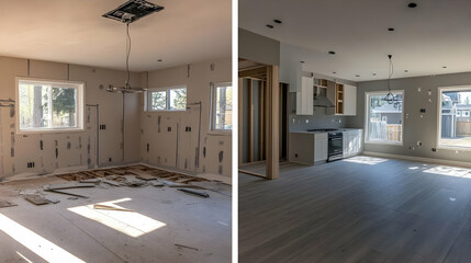 Fototapeta premium Room Transformation Shows Demolition and New Flooring Installation During Renovation
